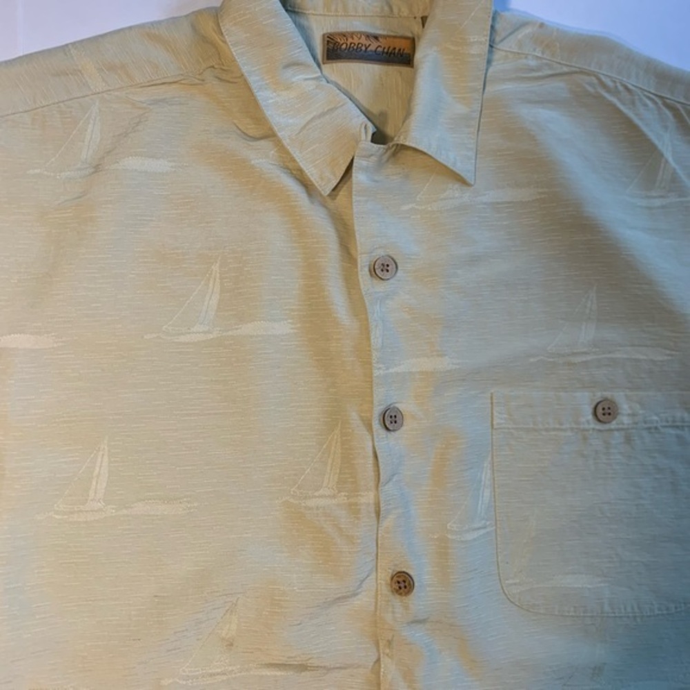 Bobby Chan 100% Silk Sail Boat Polo Summer Vacation Hawaiian Shirt XL Off Yellow - Picture 7 of 12